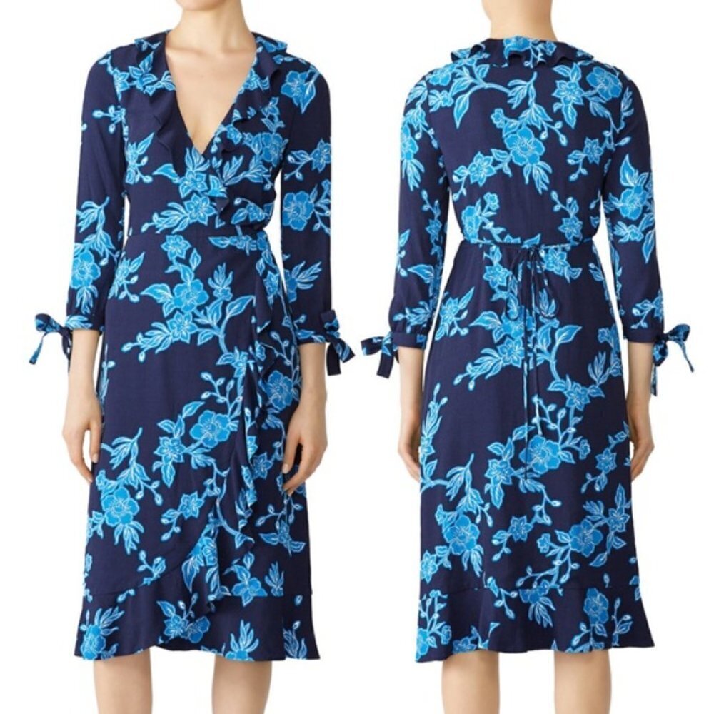 Draper James Wrap Dress Geranium Floral Navy Blue Size 6